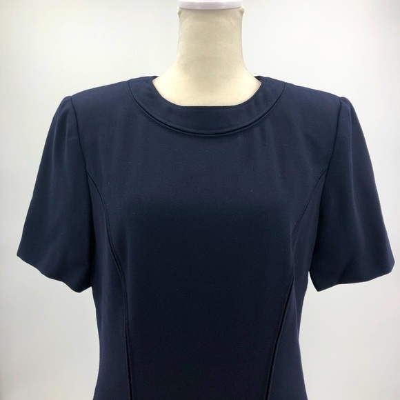 LOUIS FERAUD Navy Blue Midi Dress Short Sleeve Box Pleat Hem Vintage Size 6 - Picture 3 of 9
